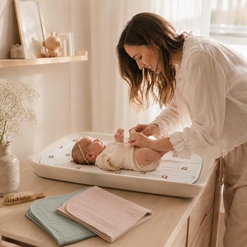 Miaoberry Organic Portable Muslin Changing Pad Liner – Waterproof Reusable Baby Diaper Changing Pad Cover for Travel, Cherry, Pink and Sage, 3 Pack in Kuwait