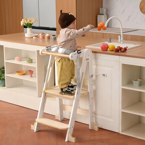 Foldable Toddler Tower,Kids Kitchen Step Stool,Height Adjustable,Solid Wood | Includes a Safety Harness and Safety Buckle, Anti-Tip Base, CPC Certified, Suitable for the Kitchen, Bedroom,and Bathroom in Kuwait
