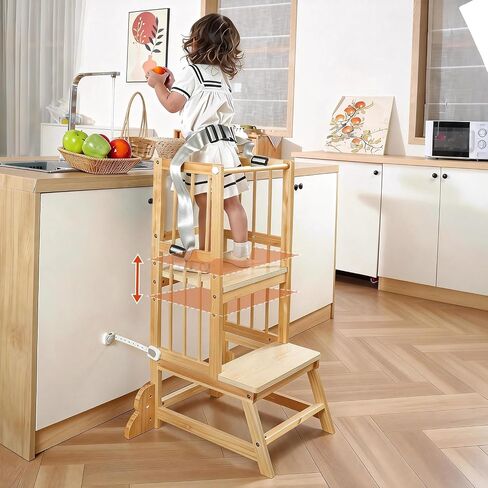 Toddler Tower, Kids Kitchen Step Stool with Safety Rails, Toddler Standing Tower Adjustable Height, Wooden Kitchen Stool for Kids, for Living Room Countertops and Bathroom Sinks(Natural) in Kuwait