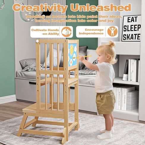 Toddler Tower, Kids Kitchen Step Stool with Safety Rails, Toddler Standing Tower Adjustable Height, Wooden Kitchen Stool for Kids, for Living Room Countertops and Bathroom Sinks(Natural) in Kuwait
