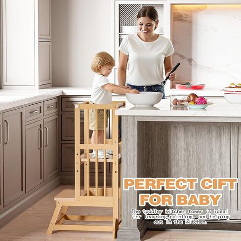 Toddler Tower, Kids Kitchen Step Stool with Safety Rails, Toddler Standing Tower Adjustable Height, Wooden Kitchen Stool for Kids, for Living Room Countertops and Bathroom Sinks(Natural) in Kuwait
