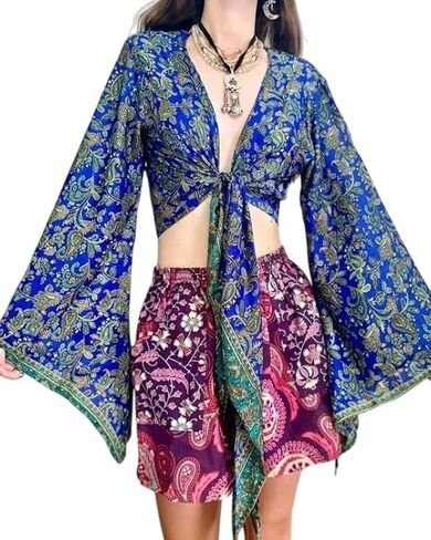 Recycled Silk Wrap Blouse | Boho Bell Sleeve Top | Hippie Wrap Top | Crop Blouse | Flare Top | Bell Sleeve Blouse Assorted in Kuwait