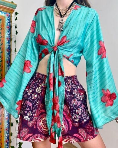 Recycled Silk Wrap Blouse | Boho Bell Sleeve Top | Hippie Wrap Top | Crop Blouse | Flare Top | Bell Sleeve Blouse Assorted in Kuwait