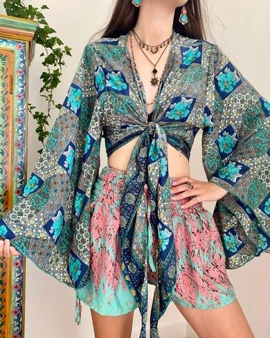 Recycled Silk Wrap Blouse | Boho Bell Sleeve Top | Hippie Wrap Top | Crop Blouse | Flare Top | Bell Sleeve Blouse Assorted in Kuwait