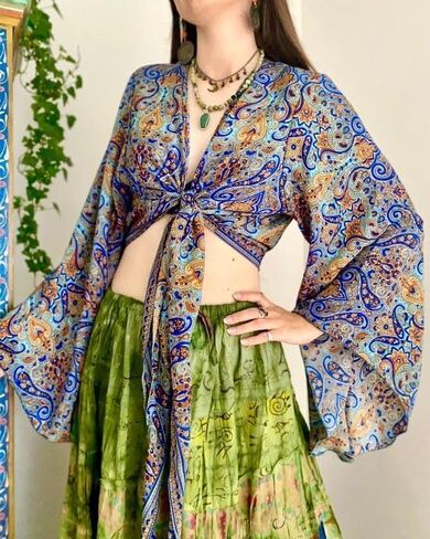 Recycled Silk Wrap Blouse | Boho Bell Sleeve Top | Hippie Wrap Top | Crop Blouse | Flare Top | Bell Sleeve Blouse Assorted in Kuwait