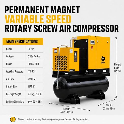 DAVV PM Variable Frequency Drive Rotary Screw Air Compressor System – 10HP/7.5KW, 39CFM @125PSI, 80 Gallon ASME Tank with Refrigerated Dryer – Single or Three-Phase (208-230V) Industrial Base in Kuwait