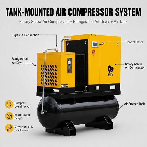 DAVV PM Variable Frequency Drive Rotary Screw Air Compressor System – 10HP/7.5KW, 39CFM @125PSI, 80 Gallon ASME Tank with Refrigerated Dryer – Single or Three-Phase (208-230V) Industrial Base in Kuwait