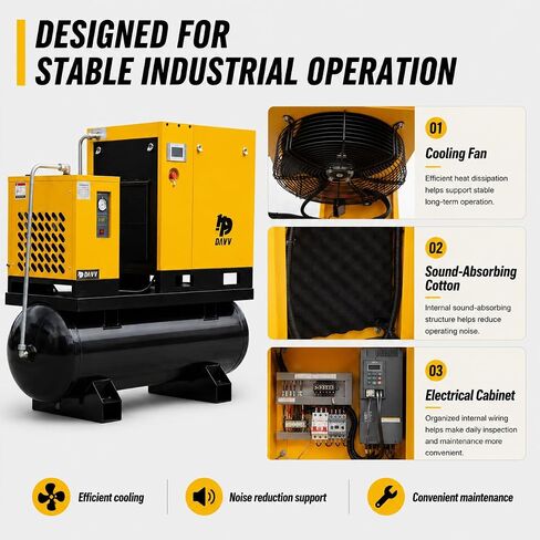 DAVV PM Variable Frequency Drive Rotary Screw Air Compressor System – 10HP/7.5KW, 39CFM @125PSI, 80 Gallon ASME Tank with Refrigerated Dryer – Single or Three-Phase (208-230V) Industrial Base in Kuwait