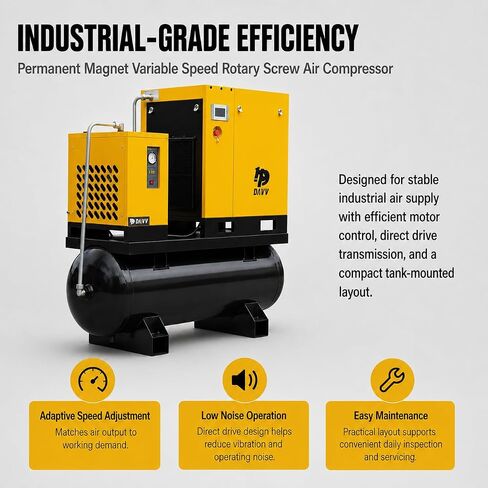 DAVV PM Variable Frequency Drive Rotary Screw Air Compressor System – 10HP/7.5KW, 39CFM @125PSI, 80 Gallon ASME Tank with Refrigerated Dryer – Single or Three-Phase (208-230V) Industrial Base in Kuwait