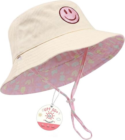 Toddler Hat Reversible Bucket Hat Happy Face Sun Hat Adjustable Chin Strap | Reversible Design, Smile Face Embroidery, Soft Cotton Fabric, Adjustable Removable Chin Strap, Toddler Bucket Hat for Outdoor in Kuwait