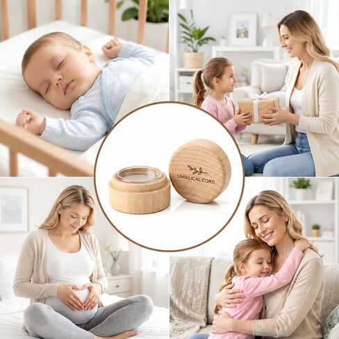 Baby Umbilical Cord Memorial Box with Transparent Acrylic Box Beech Wood Memorial Container Round Newborn Wood Keepsake Case Fetal Hair Storage Minimalist for Christening Baby Shower | Beech Wood Memorial Container, Round Newborn Wood Keepsake Case, Fetal in Kuwait