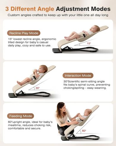Baby Bouncer, Bouncer Seat for Babies 0-12 Months, Ergonomic Rocking Chair with Detachable Hanging Bar, 3-Height Adjustments, Foldable & Portable Infant Rocker, Machine Washable Fabric (Beige) in Kuwait