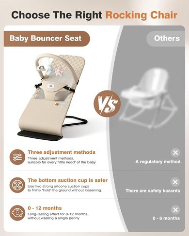 Baby Bouncer, Bouncer Seat for Babies 0-12 Months, Ergonomic Rocking Chair with Detachable Hanging Bar, 3-Height Adjustments, Foldable & Portable Infant Rocker, Machine Washable Fabric (Beige) in Kuwait
