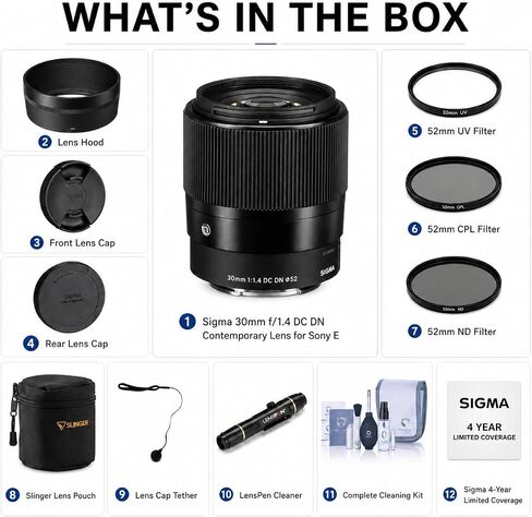 Sigma 30mm f/1.4 DC DN Contemporary Lens for Sony E Mount APS-C, Bundle with UV/CPL/ND Filter Kit, Cap Tether, Lens Pen, Cleaning Kit, Pouch, 4-Year Warranty in Kuwait