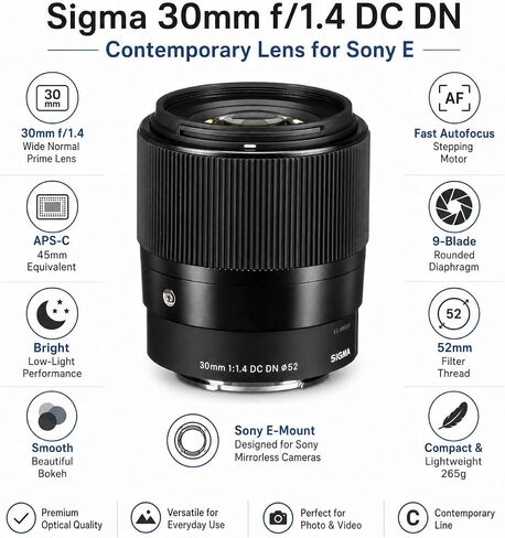 Sigma 30mm f/1.4 DC DN Contemporary Lens for Sony E Mount APS-C, Bundle with UV/CPL/ND Filter Kit, Cap Tether, Lens Pen, Cleaning Kit, Pouch, 4-Year Warranty in Kuwait