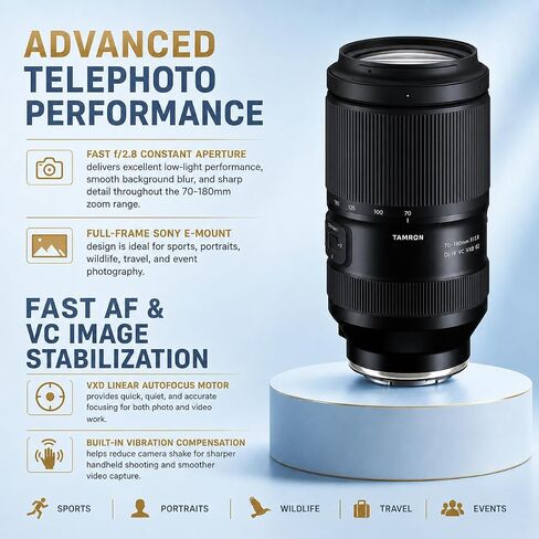 Tamron 70-180mm f/2.8 Di III VC VXD G2 Full-Frame Lens for Sony E, Bundle with 3-Section Aluminum Tripod and Cleaning Kit, Tamron 6-Year Limited Warranty in Kuwait