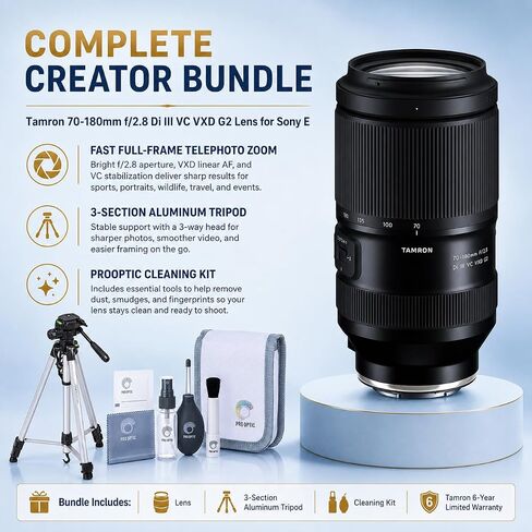 Tamron 70-180mm f/2.8 Di III VC VXD G2 Full-Frame Lens for Sony E, Bundle with 3-Section Aluminum Tripod and Cleaning Kit, Tamron 6-Year Limited Warranty in Kuwait