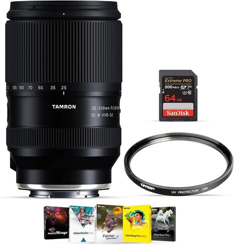 Tamron 28-200mm f/2.8-5.6 Di III VXD G2 Lens for Sony E, 64 GB Card Bundle | Bundle Includes Tiffen 82mm UV filter, 64GB SDXC Memory card, & Corel OEM photo video art suite software for a complete Kit in Kuwait