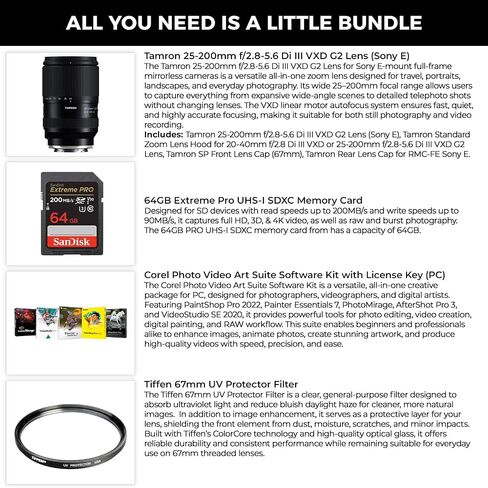 Tamron 28-200mm f/2.8-5.6 Di III VXD G2 Lens for Sony E, 64 GB Card Bundle | Bundle Includes Tiffen 82mm UV filter, 64GB SDXC Memory card, & Corel OEM photo video art suite software for a complete Kit in Kuwait