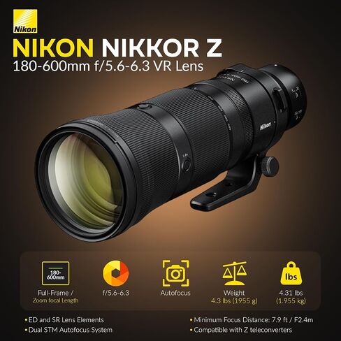 Nikon NIKKOR Z 180-600mm f/5.6-6.3 VR Lens for Nikon Z Mount, Super-Telephoto Zoom Lens Bundle with Flex Lens Shade, Lens Cleaner, Cleaning Kit, Cap Tether and Nikon 1-Year Limited Warranty in Kuwait