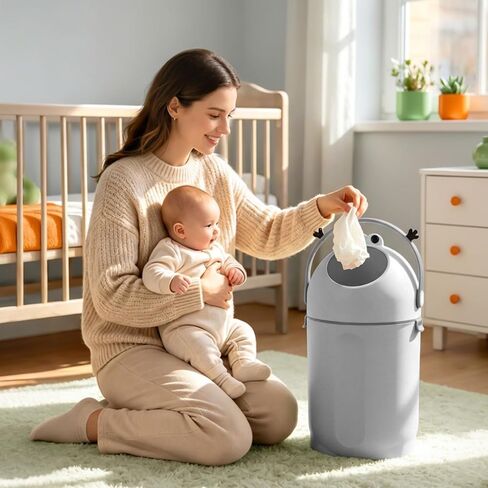 2026 Tall Diaper Pail with Odor-Sealing Flap, 15L Capacity Baby Garbage Can Designed for Stinky Diapers, Quiet Round Trash Can with Easy Open Handle for Nursery Bathroom Living Room Use Grey in Kuwait