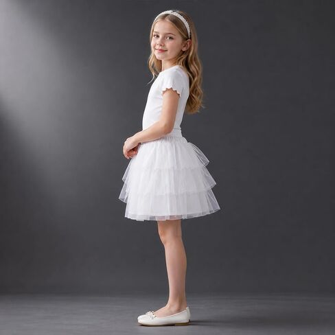 Girls Tulle Petticoat Underskirt, 3 Layers Tulle Crinoline White | Elastic Waist Hoopless Petticoat for Party, Wedding, Pageant & Dress Up in Kuwait