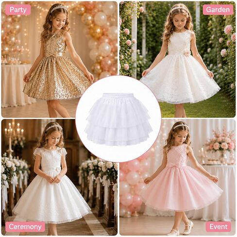 Girls Tulle Petticoat Underskirt, 3 Layers Tulle Crinoline White | Elastic Waist Hoopless Petticoat for Party, Wedding, Pageant & Dress Up in Kuwait