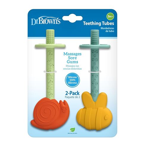 Dr. Brown's Teething Tubes for Babies, Bee and Snail, Massaging Silicone Teether Sticks, BPA Free, 3m+, 2-Pack in Kuwait