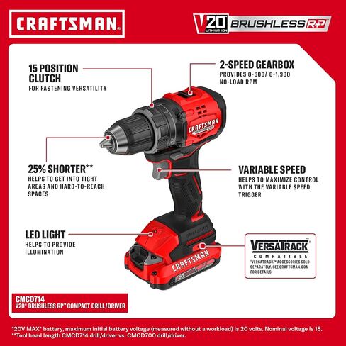 CRAFTSMAN V20 Brushless RP Drill Driver and Impact Driver Compact 2 Tool Combo Kit With 2 x 2ah Battery and Charger, 1900 RPM Power Drill, 2100 Torque Cordless Impact (CMCK1411D2) in Kuwait