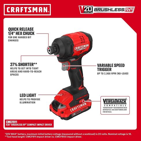 CRAFTSMAN V20 Brushless RP Drill Driver and Impact Driver Compact 2 Tool Combo Kit With 2 x 2ah Battery and Charger, 1900 RPM Power Drill, 2100 Torque Cordless Impact (CMCK1411D2) in Kuwait