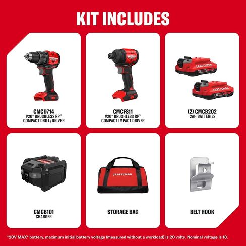 CRAFTSMAN V20 Brushless RP Drill Driver and Impact Driver Compact 2 Tool Combo Kit With 2 x 2ah Battery and Charger, 1900 RPM Power Drill, 2100 Torque Cordless Impact (CMCK1411D2) in Kuwait