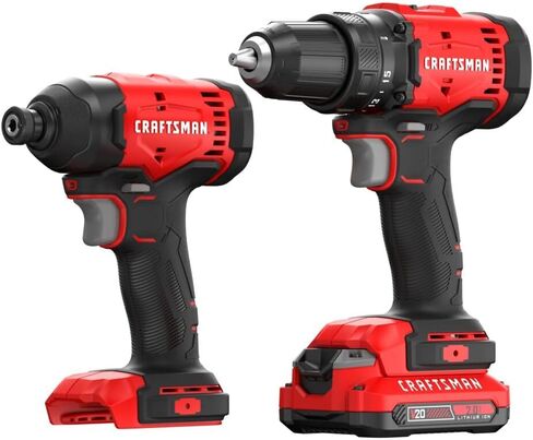 CRAFTSMAN V20 Cordless Drill Set and Impact Driver, Includes 2Ah Battery and Charger, Power Tool Set with 1700 RPM 1/2 In. Power Drill, 1800 Torque 1/4 In. Impact Screwdriver, LED (CMCK201D1) in Kuwait