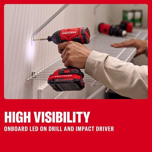 CRAFTSMAN V20 Cordless Drill Set and Impact Driver, Includes 2Ah Battery and Charger, Power Tool Set with 1700 RPM 1/2 In. Power Drill, 1800 Torque 1/4 In. Impact Screwdriver, LED (CMCK201D1) in Kuwait