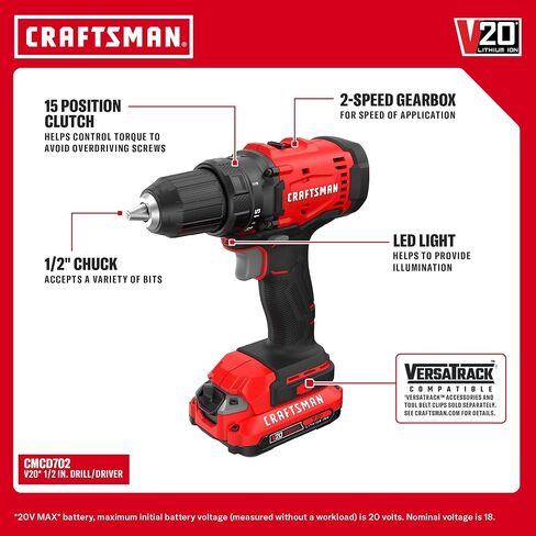 CRAFTSMAN V20 Cordless Drill Set and Impact Driver, Includes 2Ah Battery and Charger, Power Tool Set with 1700 RPM 1/2 In. Power Drill, 1800 Torque 1/4 In. Impact Screwdriver, LED (CMCK201D1) in Kuwait