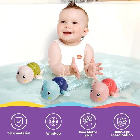 LiKee Bath Toys 3 Pack with 3 Colors | Cute Swimming Turtles Wind Up Toys for Baby Toddlers 1+ Years Old | Floating Bath & Pool Toys for Kids Age 1-3-5 | Baby Shower & Birthday Gift (Boys Girls) in Kuwait
