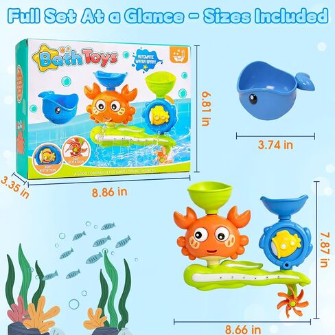 Bath Toys for Toddlers 1-3, Crab Water Wheel Bathtub Toys with 2 Suction Cups, Baby Shower Toys with Spinning Waterfall & Water Scoop, Bathroom Pool Toys for Kids Ages 1+ Year Old Boys Girls Gifts in Kuwait