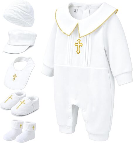 6 Pcs Baby Boy Girl Baptism Outfit, 0-12 Months Newborn Infant Cross Romper with Hat Shoes Socks Christening Suit in Kuwait