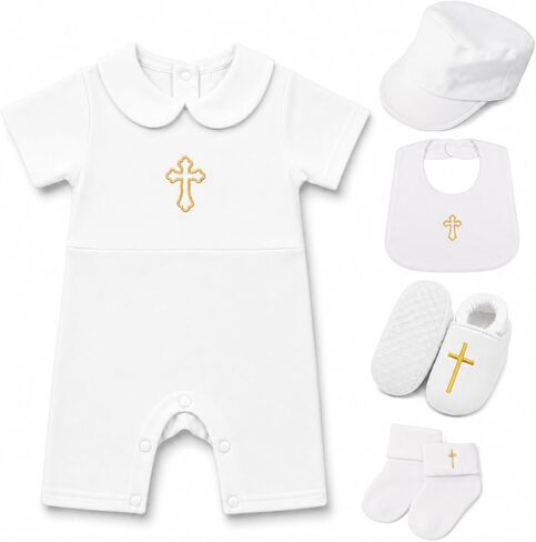 Baby Baptism Outfit for Infant Boy Girl, Short Sleeve White Christening Outfit 5Pcs with Cross Embroidery,Hat,Bib,Shoes,Socks in Kuwait