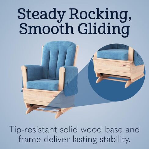 Foundations SafeRocker Standard Glider Rocker - Baby Feeding and Rocking Chair for Nursery, Daycare Environment - Nursery Rocking Chairs with Wood Skirt Base - Blue Microfiber in Kuwait