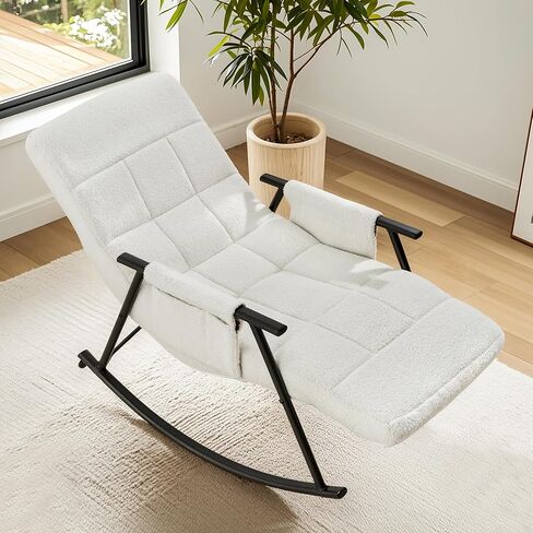 VECELO High Back Nursery Rocking Chair with Foot Rest, Teddy Upholstered Reclining Glider Rocker, Comfy Armchair Padded Seat Removable Side Pockets for Living Room, Bedroom, Balcony, White in Kuwait