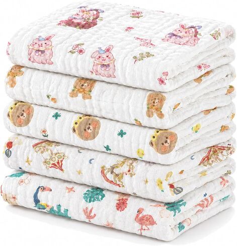 Baby Burp Cloths 5 Pack, 100% Cotton Muslin Burp Cloths, Baby Essentials, 6 Layer Gauze Burp Rags, Soft Absorbent Breathable Newborn Burping Cloths, Multi-Use for Spit Up, Drool & Feeding, 10" x 20" in Kuwait