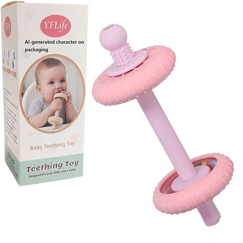 Baby Teething Toys Baby Rattle Teething Straw 3-in-1 Barbell-Shaped | Made from Silicone, Built-in Toothbrush Head and Nipple Shape, Bpa-Free, Phthalate Free, Professionally Certified, Blue in Kuwait