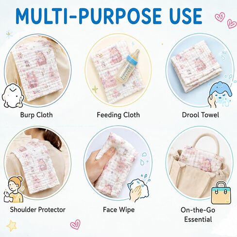 Baby Burp Cloths 5 Pack, 100% Cotton Muslin Burp Cloths, Baby Essentials, 6 Layer Gauze Burp Rags, Soft Absorbent Breathable Newborn Burping Cloths, Multi-Use for Spit Up, Drool & Feeding, 10" x 20" in Kuwait