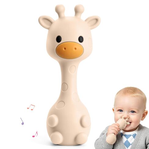 2-in-1 Baby Teething Rattle Toys 3-12 Months, BPA Free Silicone Teether Toy | Giraffe-Shaped Design, Easy to Grip, Easy to Clean, Baby Teether for Teething Relief, Infant Chew Toy, Newborn Shower Gifts in Kuwait