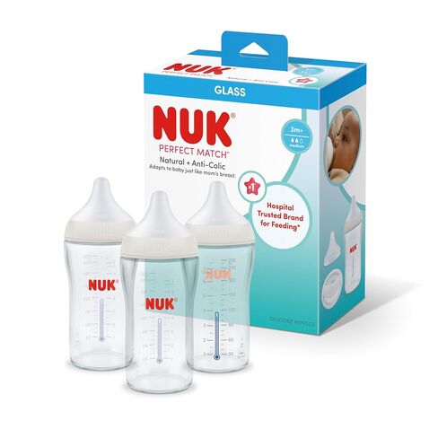NUK Perfect Match Glass Natural + Anti-Colic Bottle, 4 oz. Glass Baby Bottles with SafeTemp Temperature Indicator, Newborn Essentials, 3-Pack in Kuwait