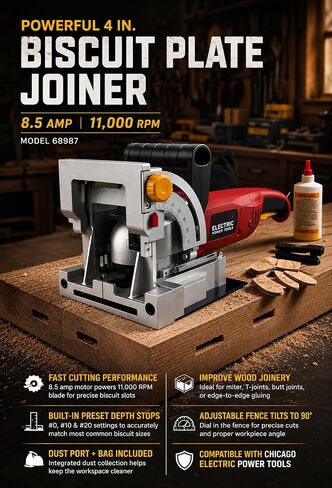 4 in. Biscuit Plate Joiner (Model 68987) 8.5 Amp 11,000 RPM Motor, 1-1/8 in Max Cut Depth, 90° Adjustable Fence, Depth Stops #0#10#20, Dust Port + Bag – Compatible with CHICAGO ELECTRIC POWER TOOLS. in Kuwait