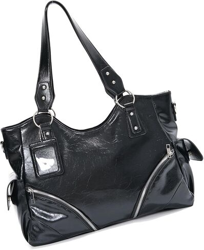 Tote Purse Large Capacity Shoulder Handbag with Soft PU Finish, Double Handles, Decorative Front Zippers and Side Pockets for Shopping Large Shoulder Handbag Black Tote Purse Soft PU Bag Zip Detail in Kuwait