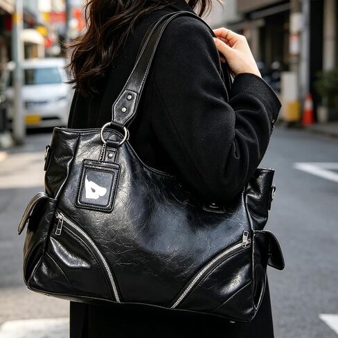Tote Purse Large Capacity Shoulder Handbag with Soft PU Finish, Double Handles, Decorative Front Zippers and Side Pockets for Shopping Large Shoulder Handbag Black Tote Purse Soft PU Bag Zip Detail in Kuwait