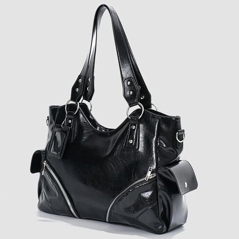 Tote Purse Large Capacity Shoulder Handbag with Soft PU Finish, Double Handles, Decorative Front Zippers and Side Pockets for Shopping Large Shoulder Handbag Black Tote Purse Soft PU Bag Zip Detail in Kuwait