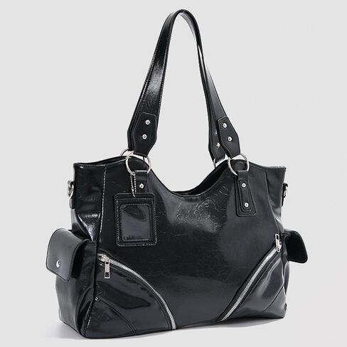 Tote Purse Large Capacity Shoulder Handbag with Soft PU Finish, Double Handles, Decorative Front Zippers and Side Pockets for Shopping Large Shoulder Handbag Black Tote Purse Soft PU Bag Zip Detail in Kuwait